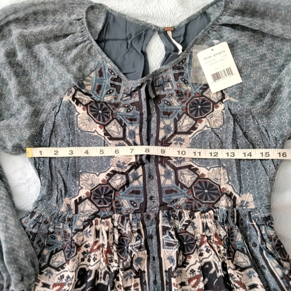 Free People NWT Marine Blue OKSANA Long Sleeve Mini Dress Size 6 Boho Peasant - Picture 13 of 15